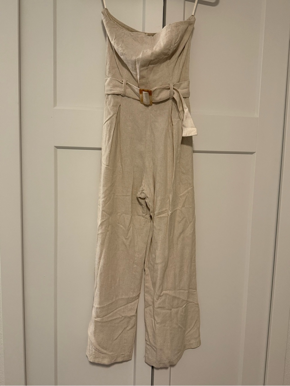 Strapless Belted Wide-Leg cream linen like Jumpsuit